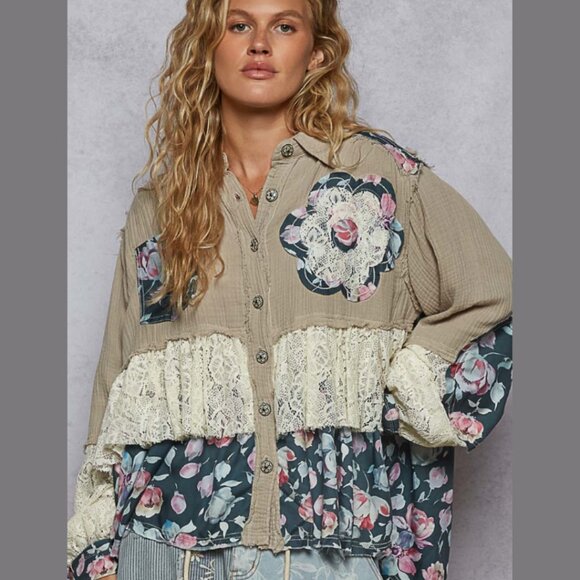 POL Boho Hippie Jacket – Double Gauze & Lace A-Line Top with Floral Ruffle - Picture 2 of 7